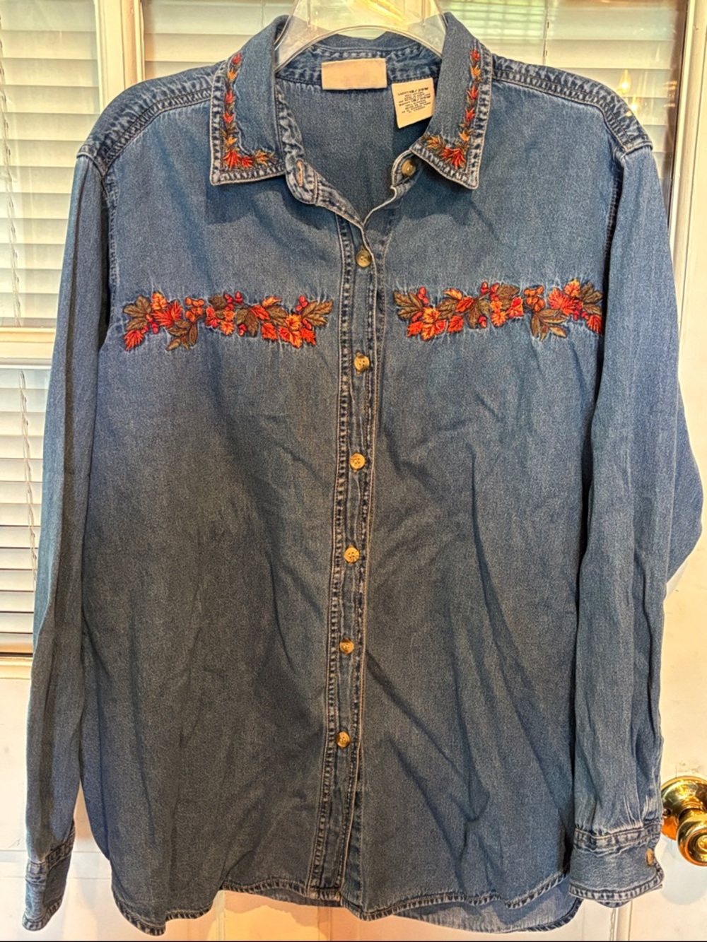Faded Glory Denim Button-Up Shirt with Red Orange Floral Embroidery size 18/20